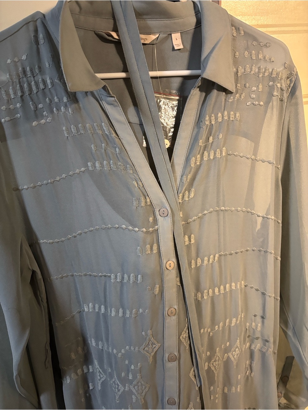 Soft Surroundings Light Blue Embroidered Long Sleeve Maxi Shirt Dress